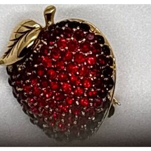 Vintage Monet Gold Tone Red Rhinestone Apple Brooch Pin